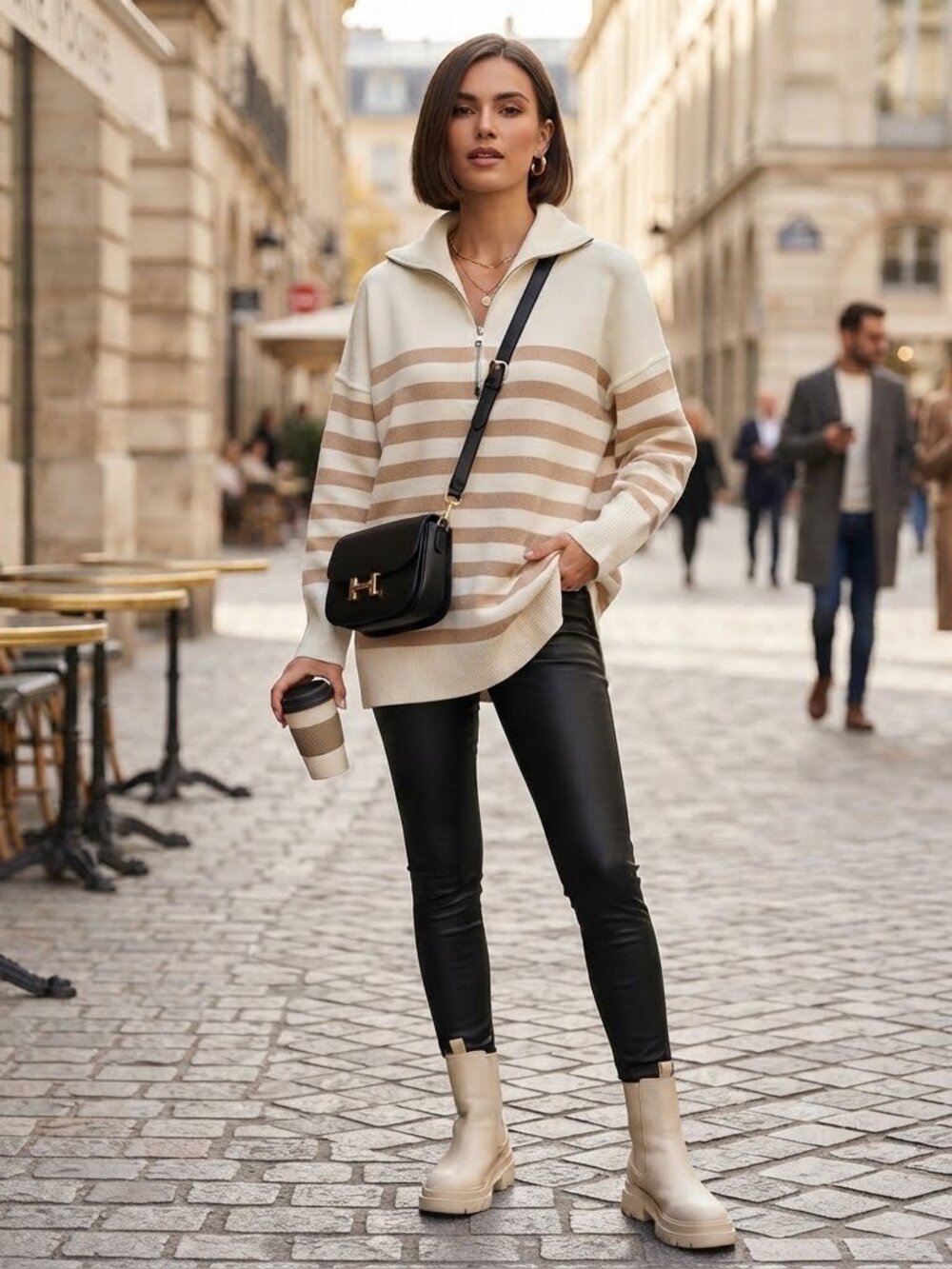 Promesa Striped Quarter Zip Sweater Medium Cream Tan Capsule Oversized Pullover